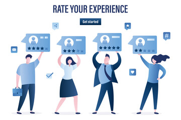 Rate your experience landing page web template. People holding messages with positive and negative reviews. Testimonials, customer feedback.