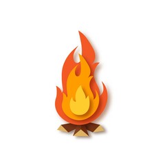 Burning orange, red, yellow bonfire with wood on white background. Campfire, fireplace, flames. Paper cut out art digital craft style. Vector illustration