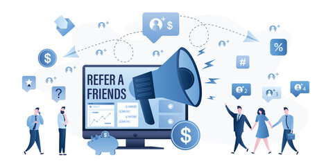 Referral program. Refer a friends, web page. Customer attraction, loudspeaker to attract new followers or subscribers.