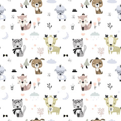 Seamless pattern with different cute animals. Doodle texture template with adorable domestic and wild animals in scandinavian style.
