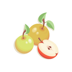 Apple, fruit. Vector apples, half. Poster, emblem, illustration fruit with leaves isolated 
