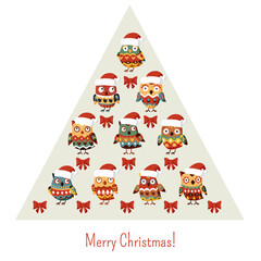 Owl on christmas tree. Cute owls in santa hat illustration for Christmas present, cards, wallpaper. Funny vector illustration in cartoon style