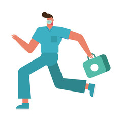 professional surgeon wearing medical mask running with medical kit
