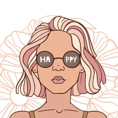 Hand-drawn vector illustration in retro style. Smooth lines, linear drawing. Girl in round sunglasses. Handwritten lettering Happy. Colored hair, makeup. Flowers in background. Design for card, banner