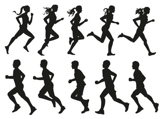 silhouettes of running people men and women set vector