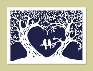 Valentines card. Trees silhouette. The wedding wish tree in the shape of a heart with couple bird. Variant of design of your family tree. Suitable for laser cutting. Die cut vector illustration.