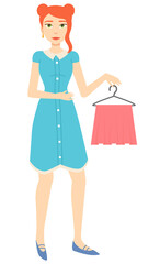 Girl with red hair in blue dress holding pink skirt on hanger isolated on white. Clothes shopping, fashionable apparel. Garage sale vector illustration
