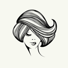 Woman with short haircut and elegant makeup.Wavy hairstyle young lady.Hair salon and beauty studio logo.Cosmetics and spa icon.Pretty girl portrait.Front view face.