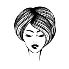 Woman with short haircut and elegant makeup.Wavy hairstyle young lady.Hair salon and beauty studio logo.Cosmetics and spa icon.Pretty girl portrait.Front view face.