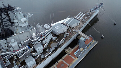 Aerial view of the Battleship USS New Jersey docked in Camden, NJ
