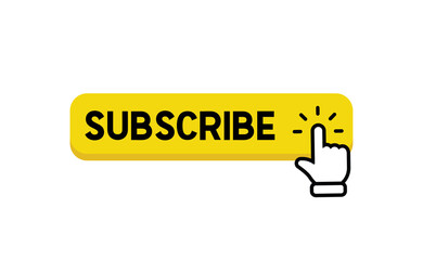 Subscribe button with hand click icon. Finger pointer clicking web site call to action. Clic vector.