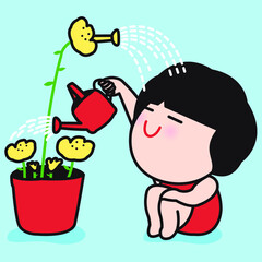 Happy Girl And Pretty Flower In A Pot Watering Each Other Concept Card Character illustration