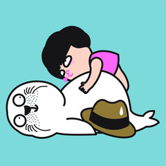 Tired Exhausted Seal Boy Resting While Miniature Girl Laying Down On His Big Belly. Family Life Of Funny Happy Couple At Home Concept Card Character illustration