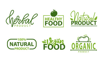Natural food vector, ecological hers and vegetarian meal foliage and leaves of plants, greenery logos with inscriptions and decorative elements set