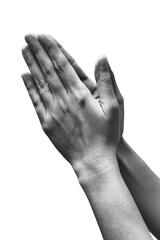 Praying hand sign, two woman's palm are clasped all together. hand language concept. black and white tone.
