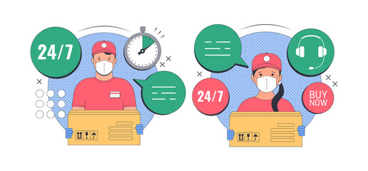 Delivery Service Concept. Courier wearing a mask and gloves holds a parcel. Safe delivery. Fast Delivery. Vector illustration in flat style.