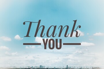 Thank You handwritten inscription. Hand drawn lettering. Thank You calligraphy. Thank you card. Vector illustration. on sky with city scape