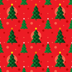 Seamless Christmas background with green Christmas trees on a red background. Design for paper, textile and wallpaper. Vector, illustration
