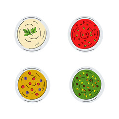 
Hand-drawn vector illustration of pan with white sauce, spicy tomato sauce, mustard sauce, green sauce. Pesto, mayonnaise, sour cream, barbecue, chili, ketchup. Top view with various ingredients