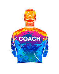 Abstract sports coach stands with his back in a T-shirt and baseball cap. Background for sports or coaching theme from splash of watercolors. Vector illustration of paints