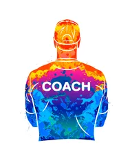 Foto op Plexiglas Abstract sports coach stands with his back in a T-shirt and baseball cap. Background for sports or coaching theme from splash of watercolors. Vector illustration of paints © kapona