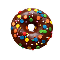 Single brown donut isolated on a white background. Rainbow dots. Dark chocolate glaze.