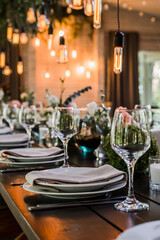 Wedding reception table with Edison bulbs and decor of greenery. Decoe. Wedding table setting