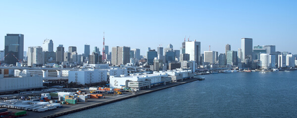 Fototapeta premium Tokyo waterfront skyline and Tokyo Tower with copy space 東京湾と湾岸沿いのビル群 背景 東京タワー