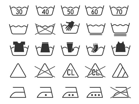 dark grey monochrome simple laundry symbols round or curved icons set element for garment industry flat vector design infographic style