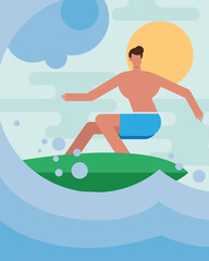 young man wearing swimsuit surfing character