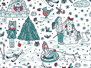 Seamless pattern with Hand drawn doodle Happy children playing outdoors in winter time. Winter season. Christmas and New Year Background for kids. Joyful kids. Winter holidays. Walk on outdoors.