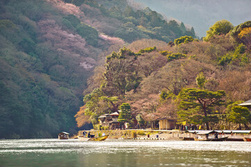 View of the Katsura River in early springtime. Arashiyama, Kyoto, Japan.