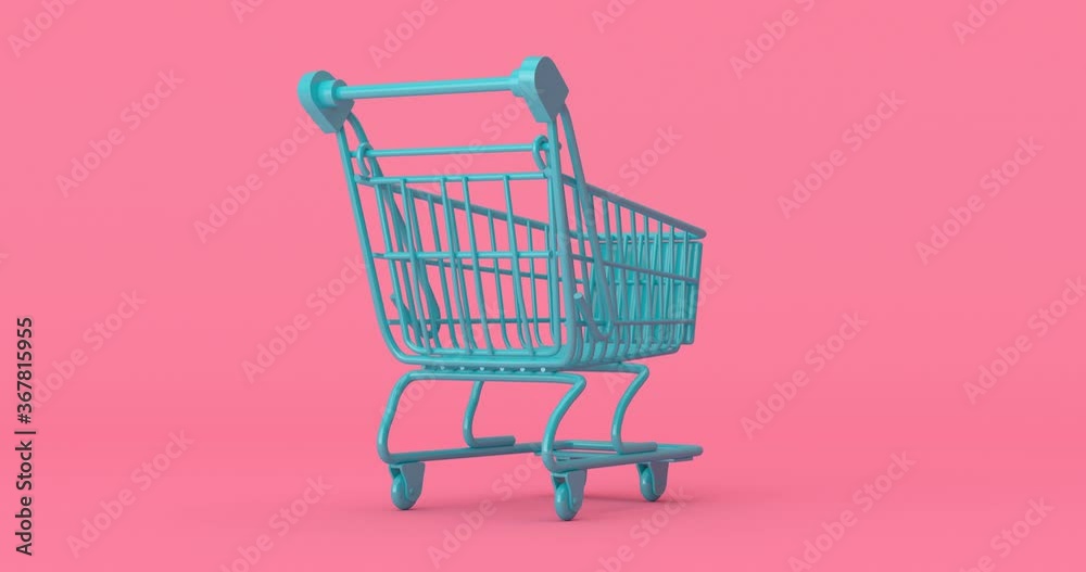 Poster 4k resolution video: blue shopping cart in duotone style seamless looped rotating on a pink backgrou