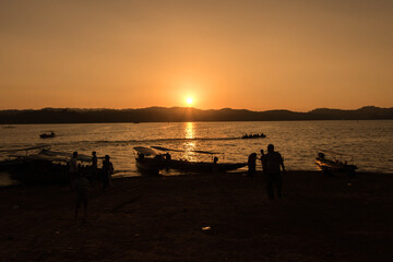 landscape view of Maekhong river with people in sunset time at Nong Khai province Thailand