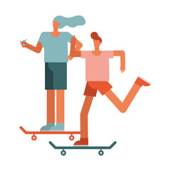 young couple in skateboards sports characters