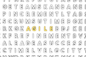 Fototapeta premium 3d rendering of random letters and different words on a white wall. 