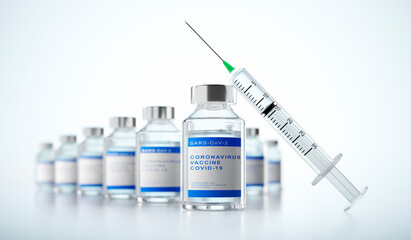Group of bottles of vaccine and syringe - 3D illustration	
