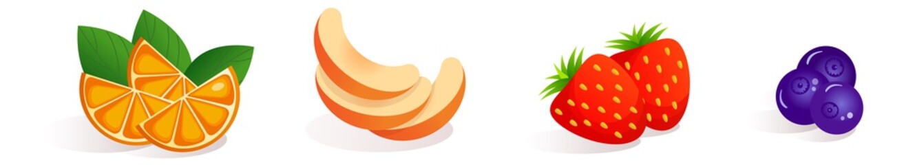 A set of vector illustrations of berries and fruits - orange slices, peach slices, strawberries, blueberries. Berries and fruits for labels, logo, menus and website, advertising, icons for printing
