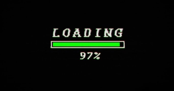 Loading and access complete with download progress bar. Retro tv pixel style animation. Abstract concept with noise and glitch effect.