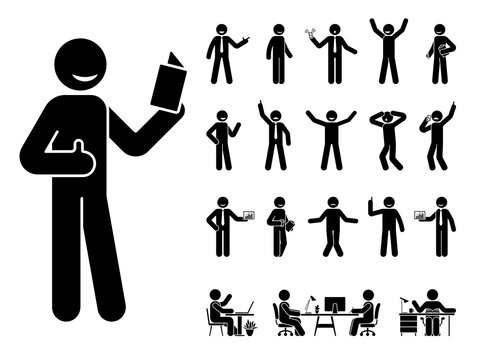 Stick figure man different poses, emotions face design vector icon set. Reading, talking, happy, sad, surprised, amazed, angry, standing, sitting at office stickman person on white