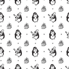 Birthday seamless pattern with funny penguins. Celebratory background. Holiday party wallpaper.