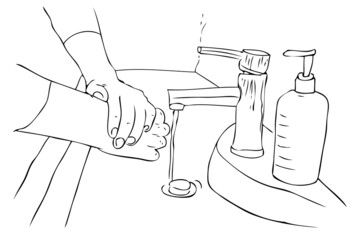 Vector Simple Manual Draw, Washing Hand using Liquid Soap at washtafel, Covid-19 Virus Prevention
