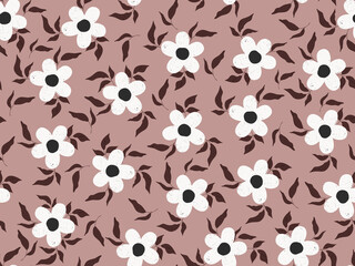 Vector seamless pattern with white flowers and leaves on a beige background. Repeating illustration for web and fabric design. Cartoon hand drawn style. For wallpaper and social media design