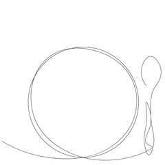 Plate and spoon line drawing. Vector illustration