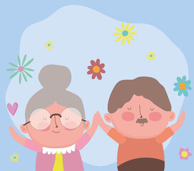 happy grandparents day, funny elderly couple with flowers cartoon