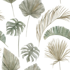 Jungle seamless pattern with tropical palm leaves on white background. Hand drawn summer illustration. Vintage floral print