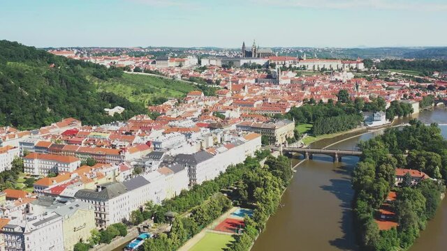 View from the drone to the Czech Republic. Great view of the old town. Drone filming.Beautiful view. At home. The river. Bridge. City view. Aerial photography. Bird's eye view. Czech Republic