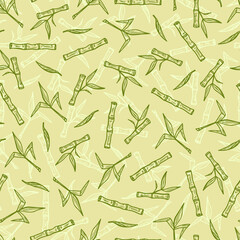 Hand Drawn Bamboo or Sugarcane Plants Vector Seamless Pattern. Stalks with leaves endless background.