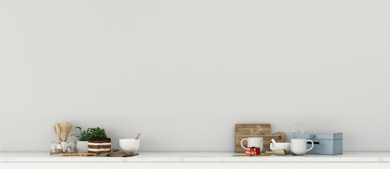 Kitchen space in house.empty room with sweets and coffee. modern interior design. -3d rendering