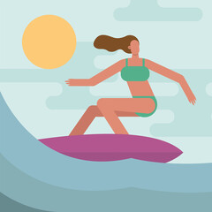 young woman wearing swimsuit surfing character